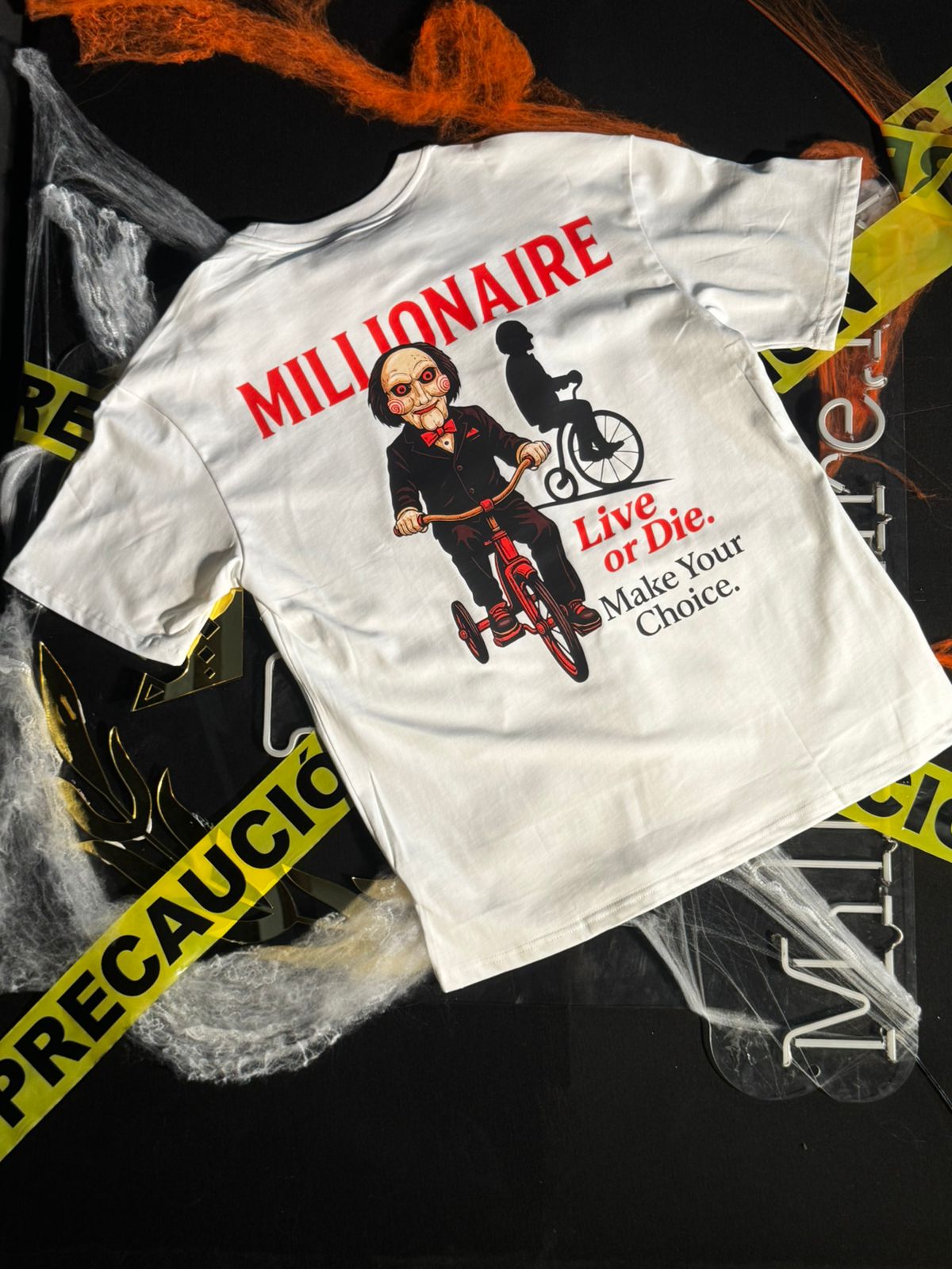 Playera 2577 Halloween Fluorescente saw Blanco